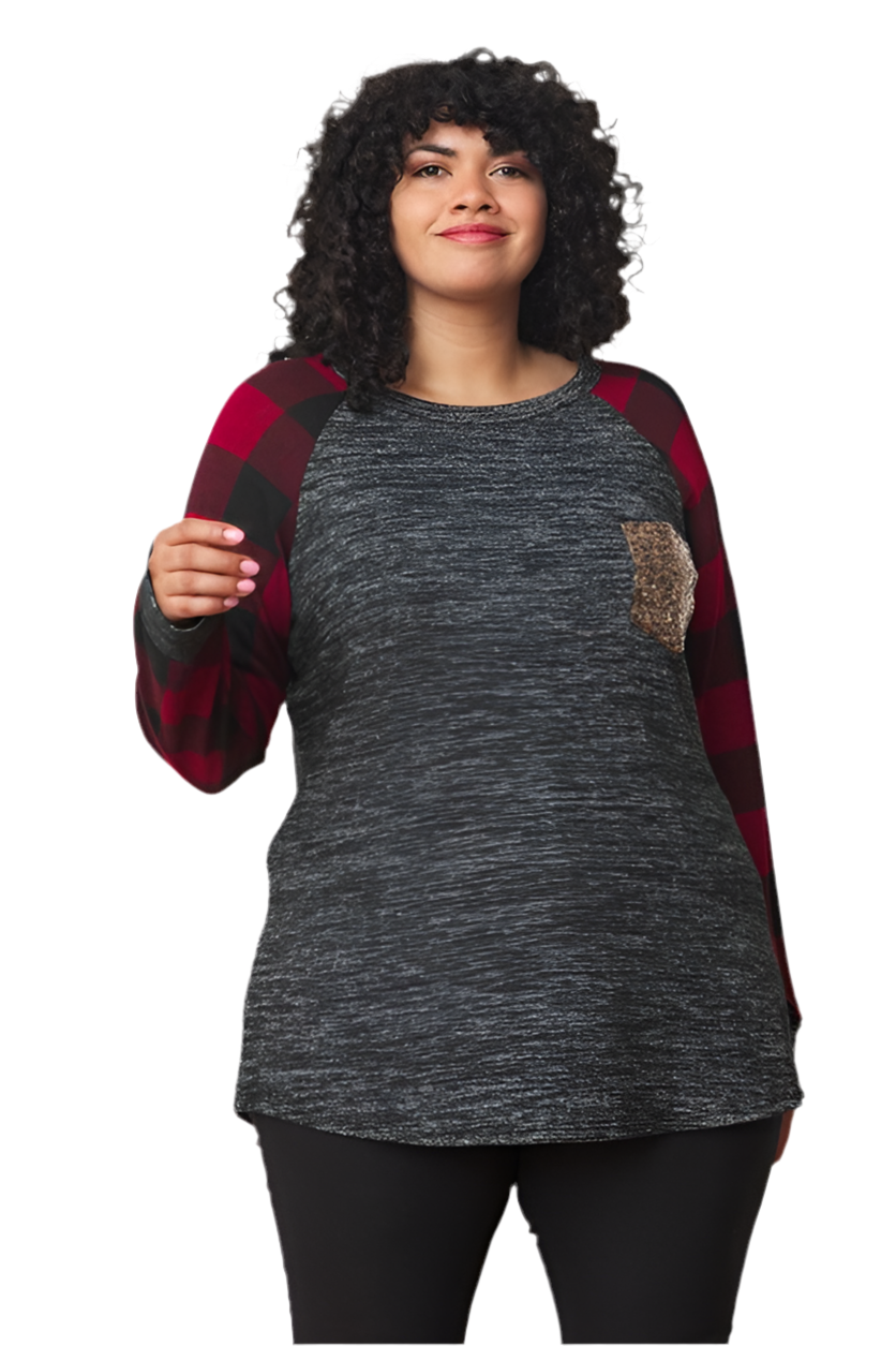 Plus Checker Sleeve Sequin Pocket Tunic