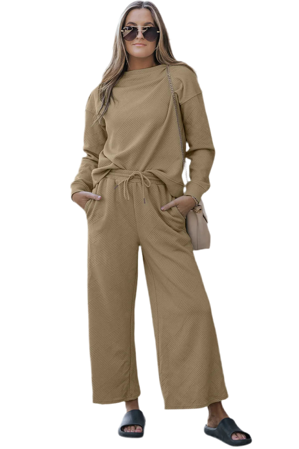 Double Take Full Size Textured Long Sleeve Top and Drawstring Pants Set