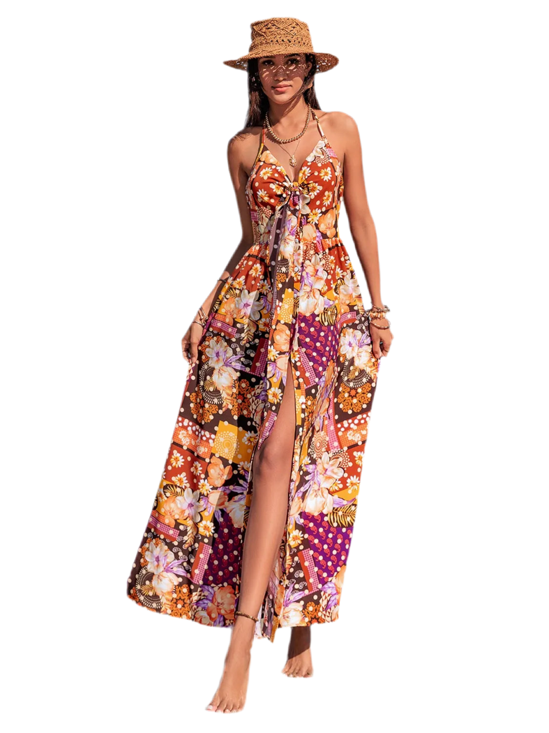 Slit Printed Halter Neck Cami Dress
