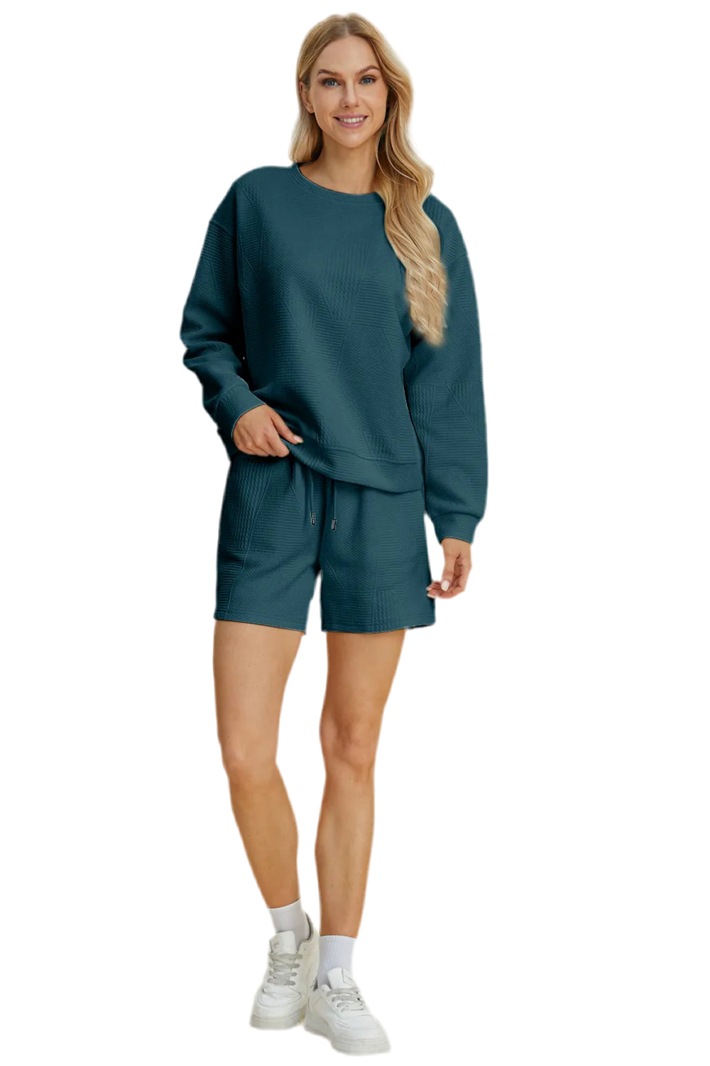 Double Take Full Size Texture Round Neck Long Sleeve Top and Shorts Set