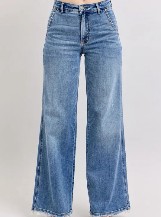 Judy Blue Full Size Raw Hem Wide Leg Jeans Plus Size