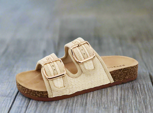 corc footbed slipper sandal in raffia strap upper
