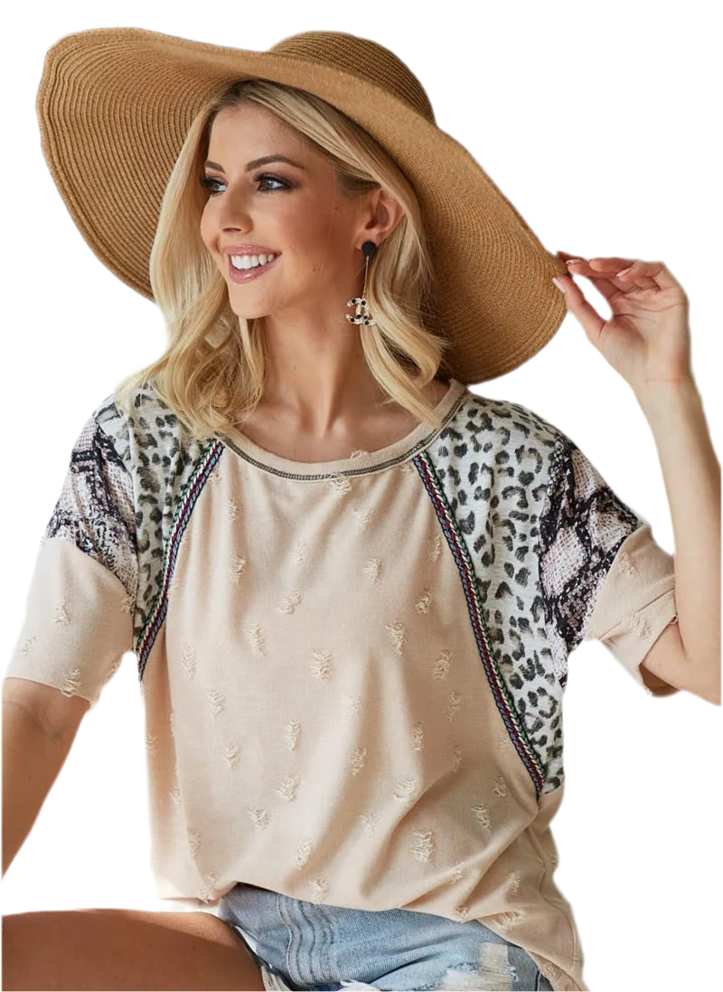 BiBi Distress Jacquard Knit with Leopard Snake Skin Top