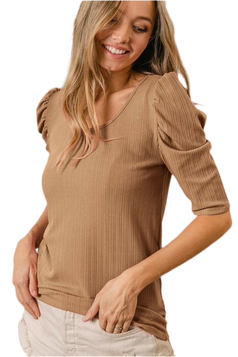 BiBi Verigated Rib Knit Puff Sleeves Shorts Top